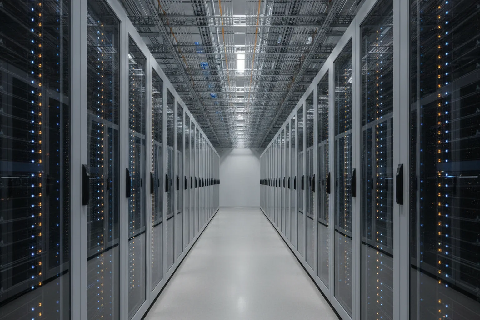 Langer Rechenzentrumsgang zwischen Reihen verglaster Server-Racks mit blauen und bernsteinfarbenen Statusleuchten und Kabeltrassen an der Decke