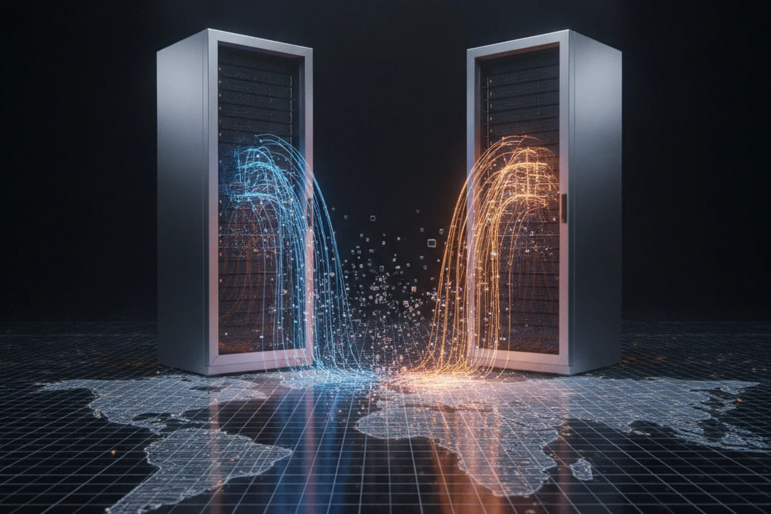 Two server racks on a glowing world-map grid with blue and orange data streams flowing between them and merging