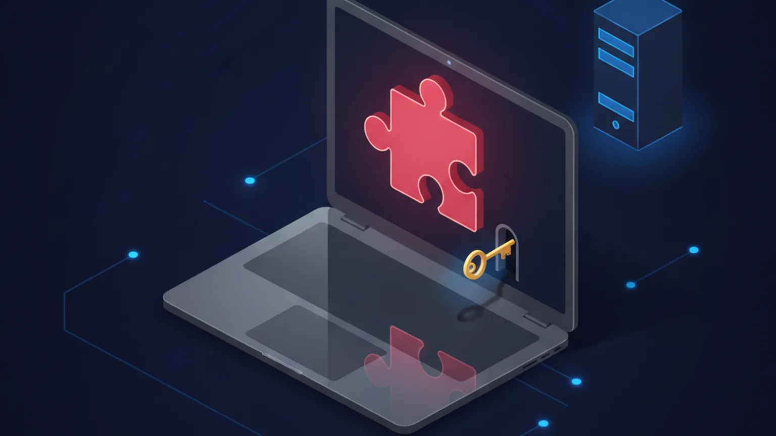 Isometric illustration of a laptop running a code editor with a glowing red plugin piece while a golden key slips through a small hidden door toward a remote server
