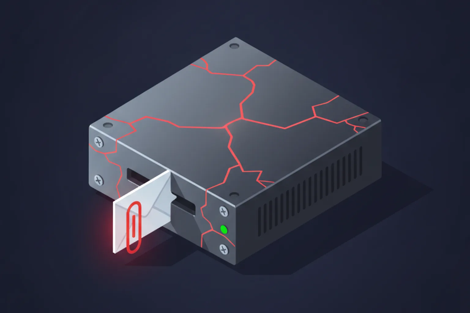 Isometric illustration of an email envelope with a glowing red attachment clip entering the slot of a cracked email security appliance on a dark navy background