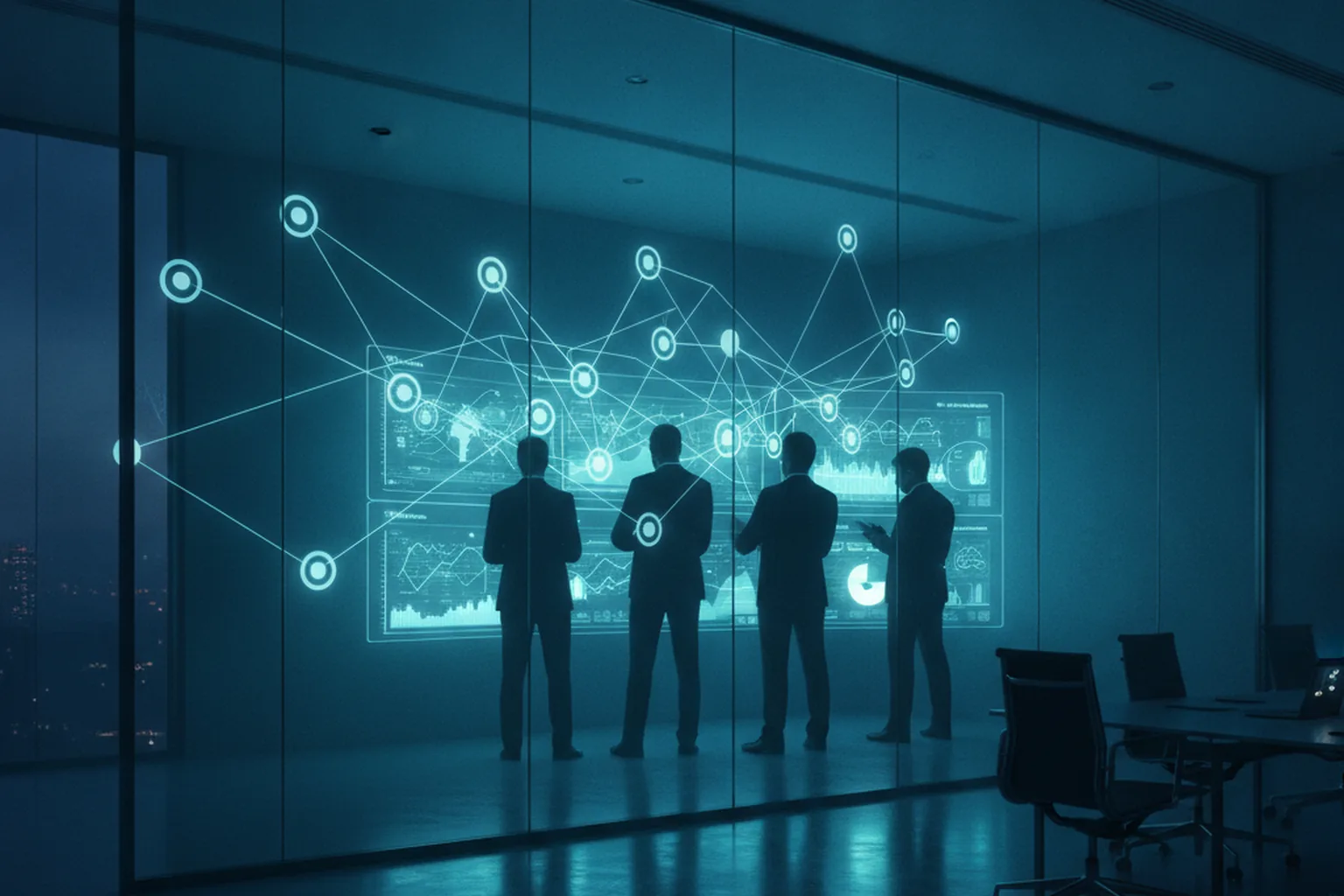 Business team in a dark glass-walled operations room studying a glowing network of connected nodes over data dashboards, illustrating an enterprise AI agent platform