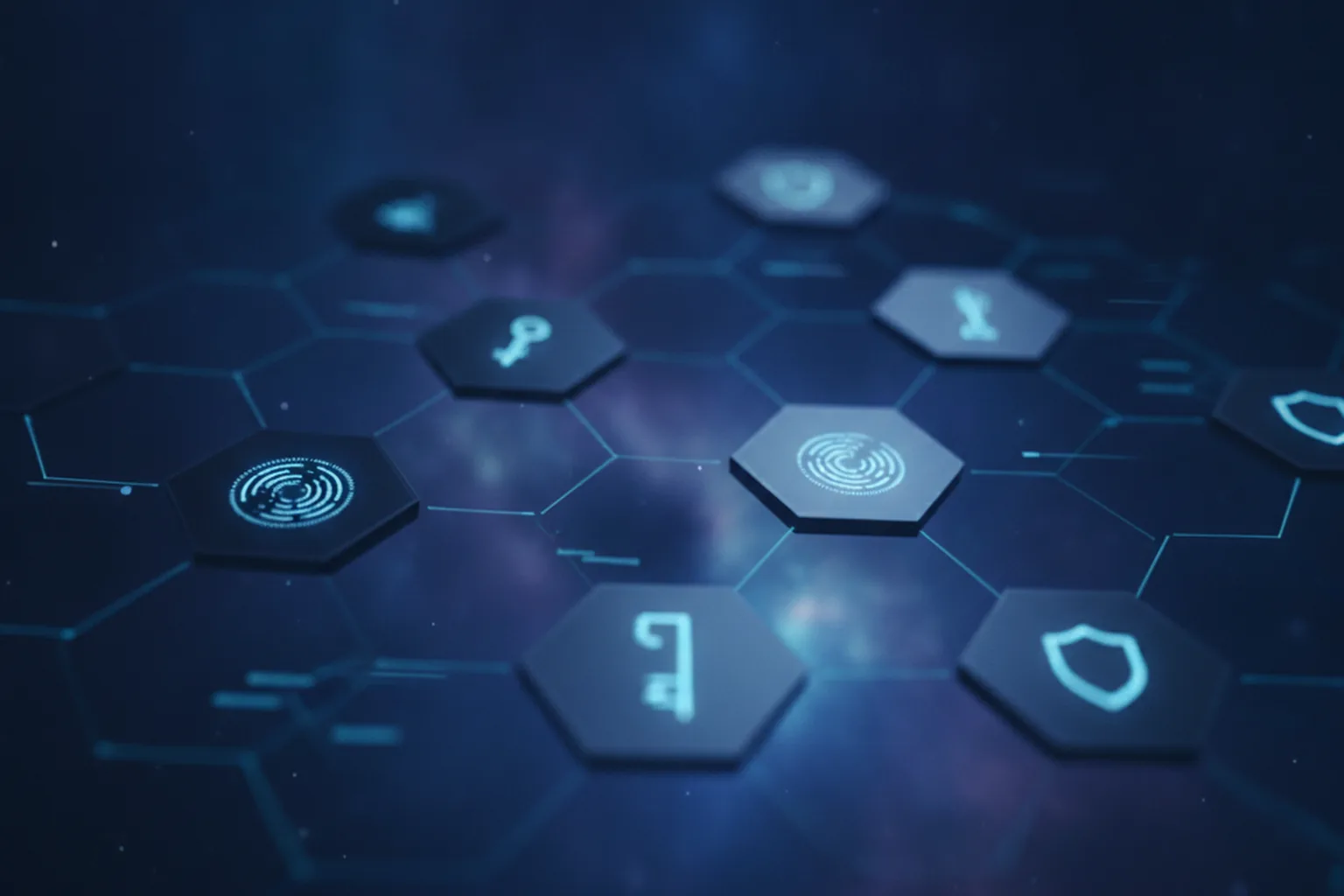 Dark blue hexagonal security panel showing authentication keys, fingerprint scanners and shield icons representing cloud identity access management and cybersecurity
