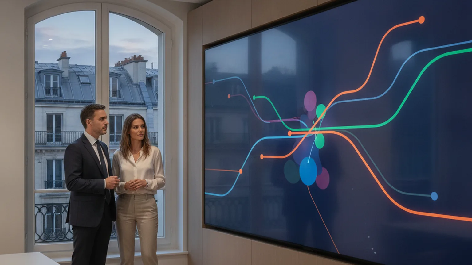 Deux cadres financiers devant un grand écran affichant des courbes de prévision colorées, dans un bureau parisien avec vue sur les toits haussmanniens