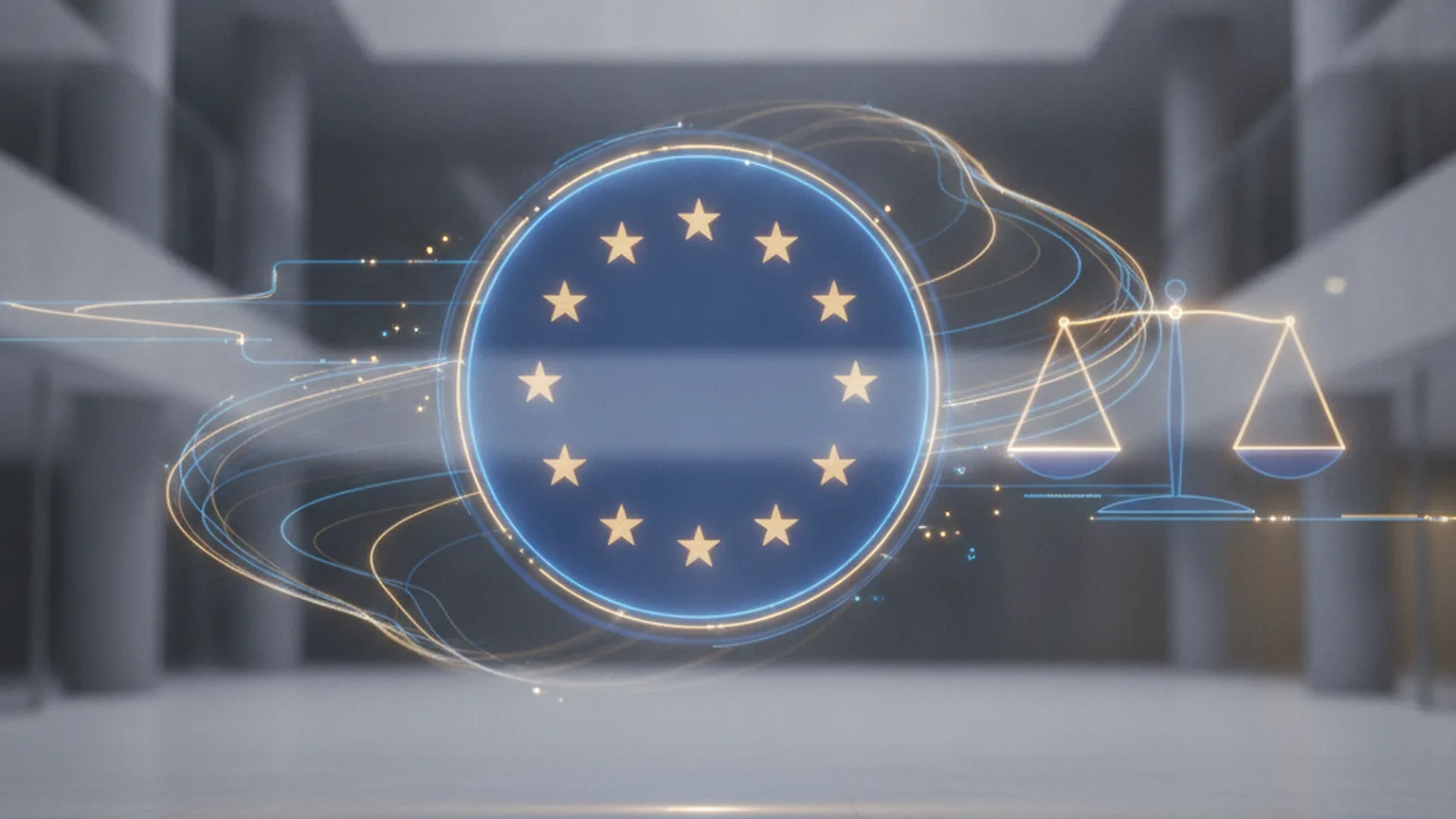Conceptual illustration of a glowing ring of European Union stars beside a scale of justice made of light, representing EU AI Act enforcement, on a deep navy background