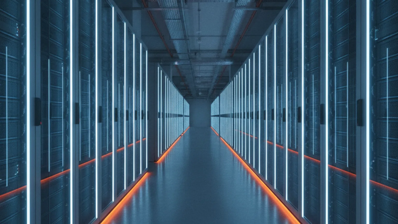 A modern European data centre hall with long rows of illuminated server racks receding into the distance under cool blue and amber lighting