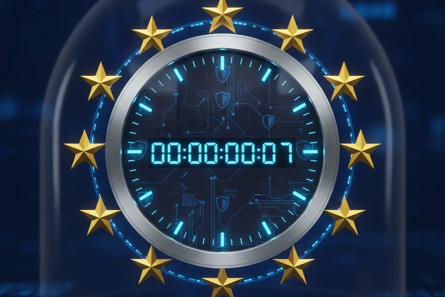 A countdown timer inside a ring of the twelve gold European Union stars, overlaid with circuit-board and shield motifs, illustrating the EU Cyber Resilience Act 24-hour reporting deadline