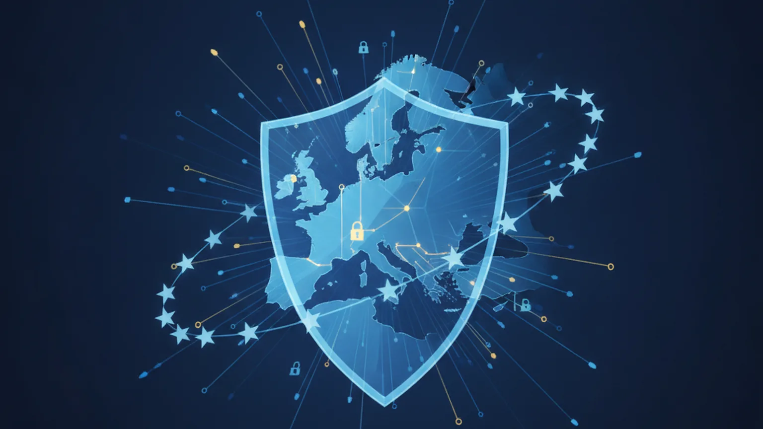 Translucent shield over an abstract map of Europe, ringed by stars and woven with circuit lines and padlock icons in blue and gold on a deep navy background, symbolising EU cybersecurity and AI policy