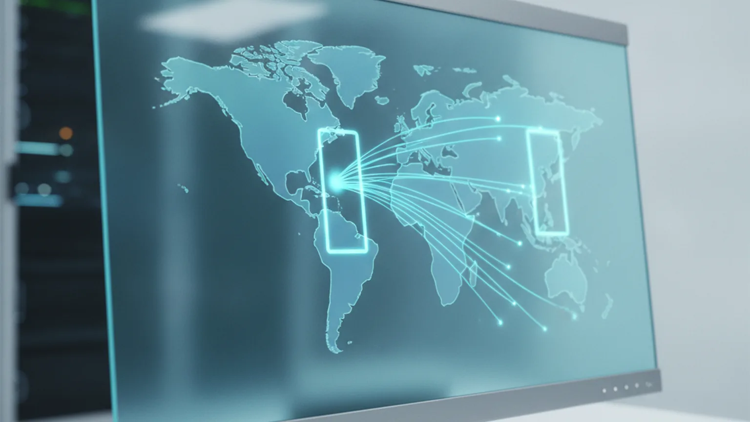 A network operations screen showing a world map with a European region marked by a boundary while data streams flow outward across the ocean toward a distant United States region, illustrating inference leaving the EU zone