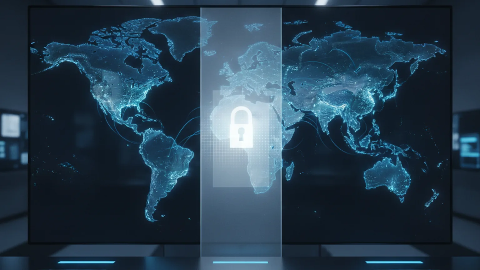 A world network map on a control-room screen where most regions pulse with active data streams while the European region sits behind a translucent locked barrier, symbolising a frontier model available everywhere except the EU