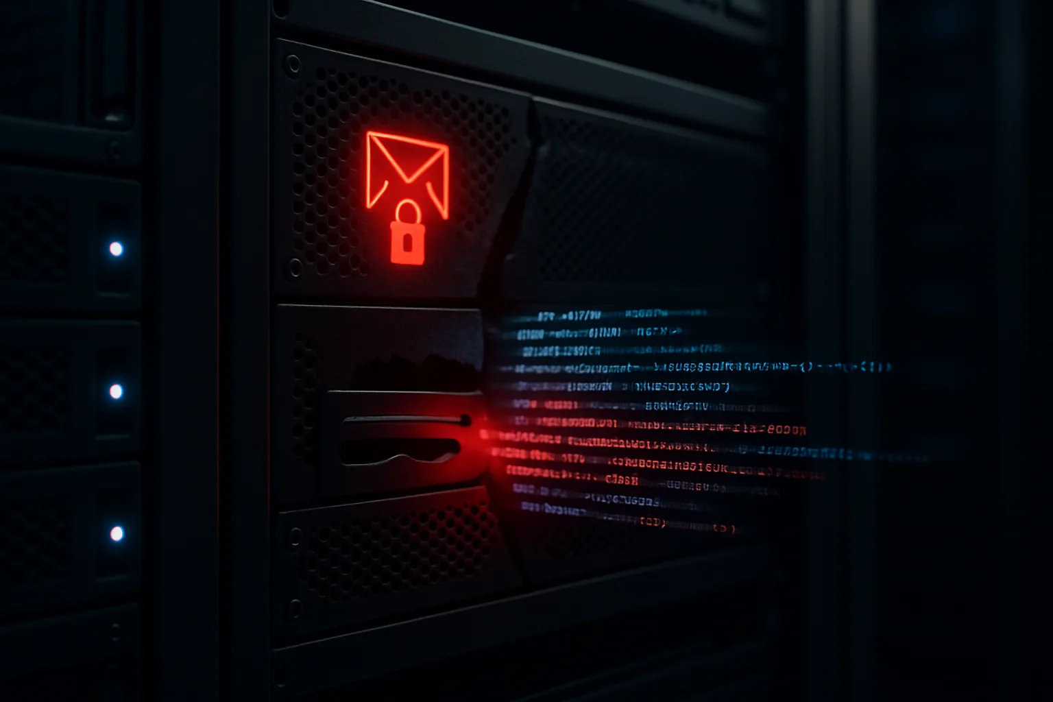 A rack-mounted email server in a dark data center with a glowing red email and padlock warning icon, streams of authentication tokens flowing out through a breach, blue and red lighting