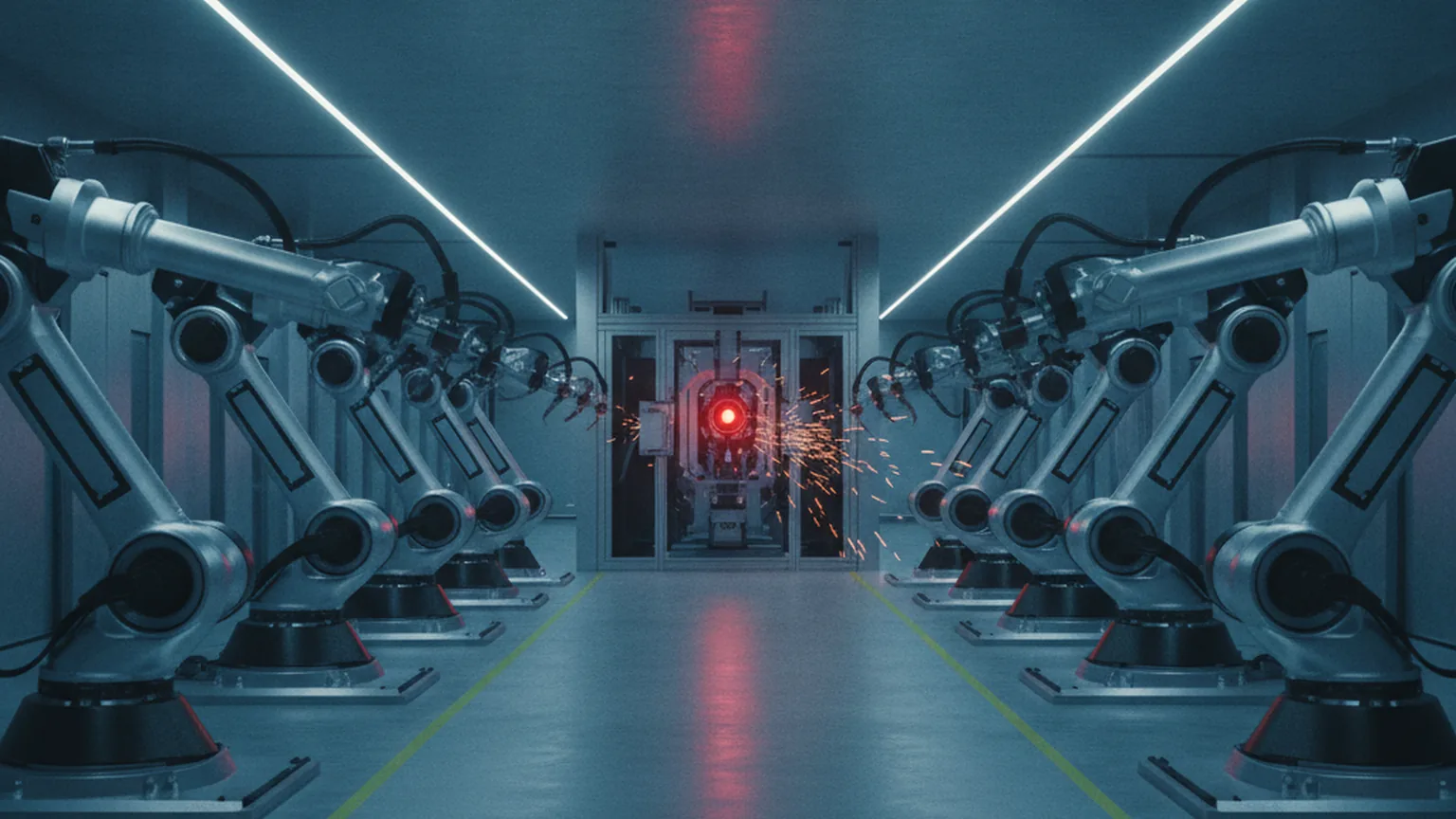 Corridoio di uno stabilimento automatizzato di notte, con file di bracci robotici industriali e una spia rossa di allarme accesa su una macchina in fondo