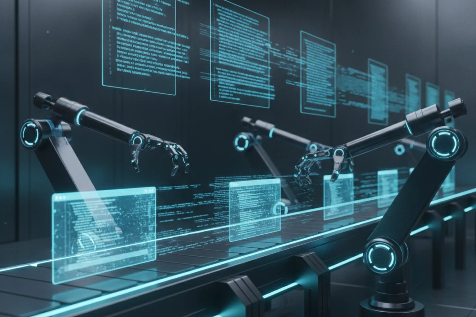 An automated software assembly line where robotic arms and holographic panels build glowing code modules on a conveyor, illustrating autonomous software factories