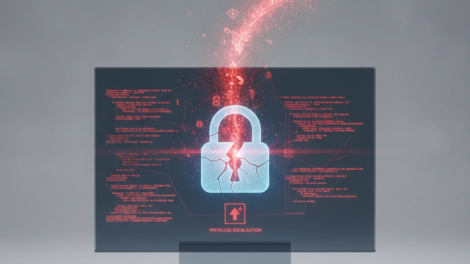 Illustration abstraite d'un cadenas numérique brisé sur une interface sombre avec des alertes rouge vif, symbolisant une élévation de privilèges et une fuite de données sur une plateforme de santé publique