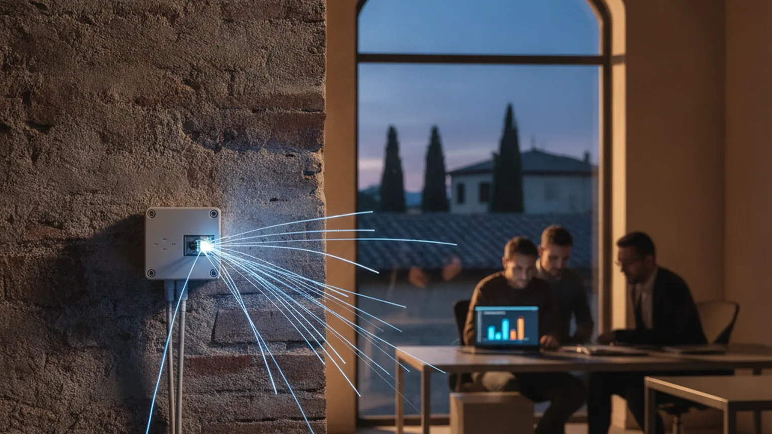 Scatola di giunzione della fibra ottica su un muro in pietra e, oltre la finestra, un piccolo team di una PMI italiana che analizza un grafico sul portatile al tramonto