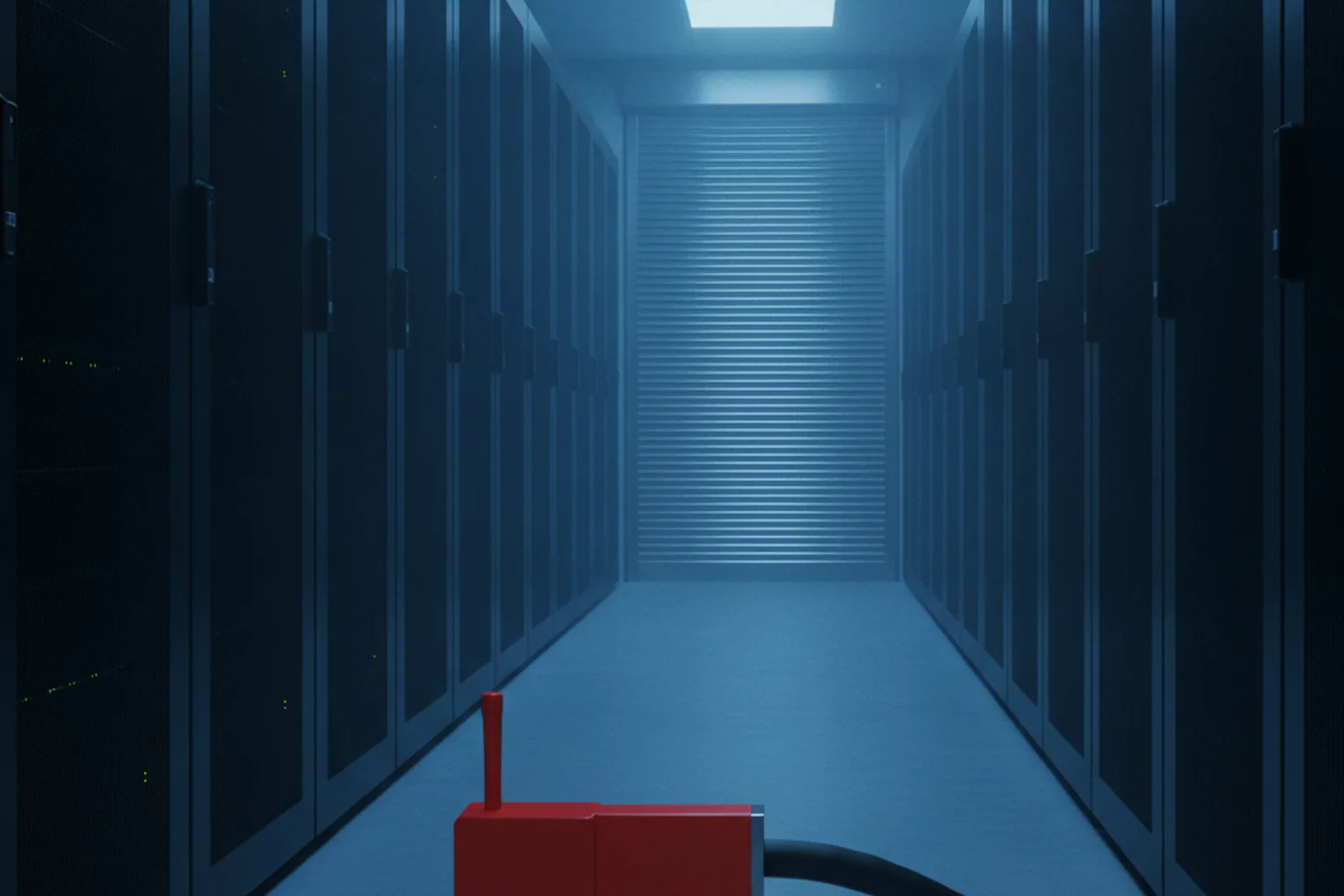A dark data center aisle with powered-down server racks, a steel shutter closed at the end and a red power lever switched off in the foreground, illustrating a precautionary shutdown