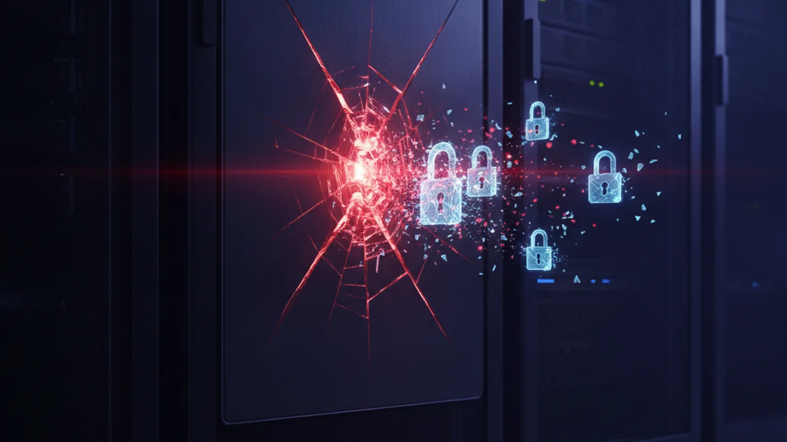 A network firewall appliance in a server rack with a cracked panel leaking red light while glowing padlock icons dissolve into fragments, illustrating stolen firewall credentials feeding ransomware
