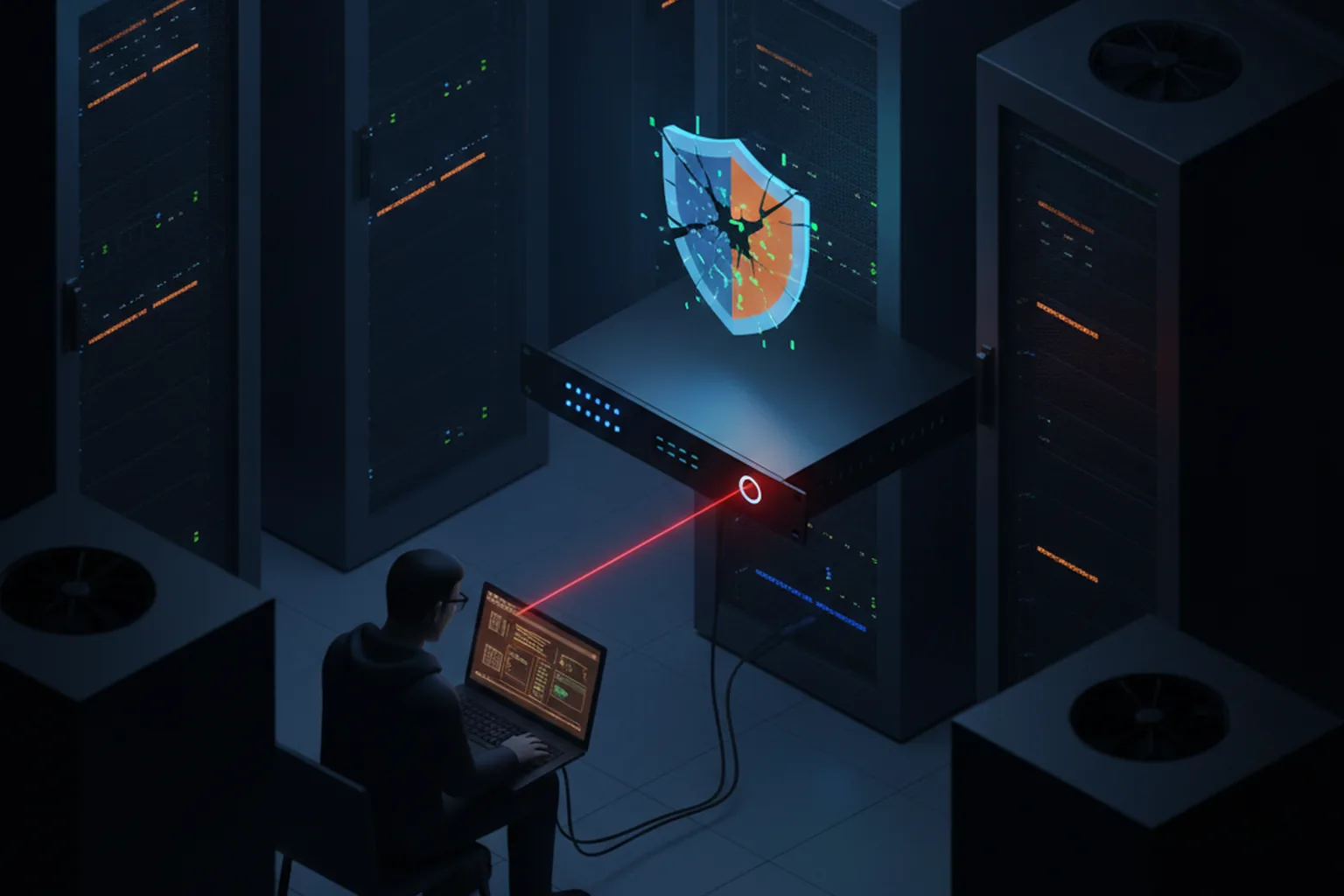 Isometric illustration of a rack-mounted firewall appliance in a dark server room, a red beam hitting its management port and a cracked shield hologram above it while an engineer works on a laptop