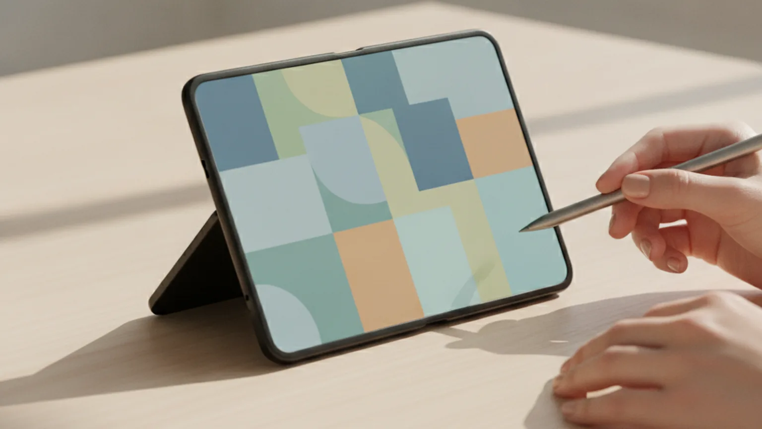 A book-style foldable phone propped open on a desk, its large inner screen showing an abstract multi-pane app layout while a designer points with a stylus
