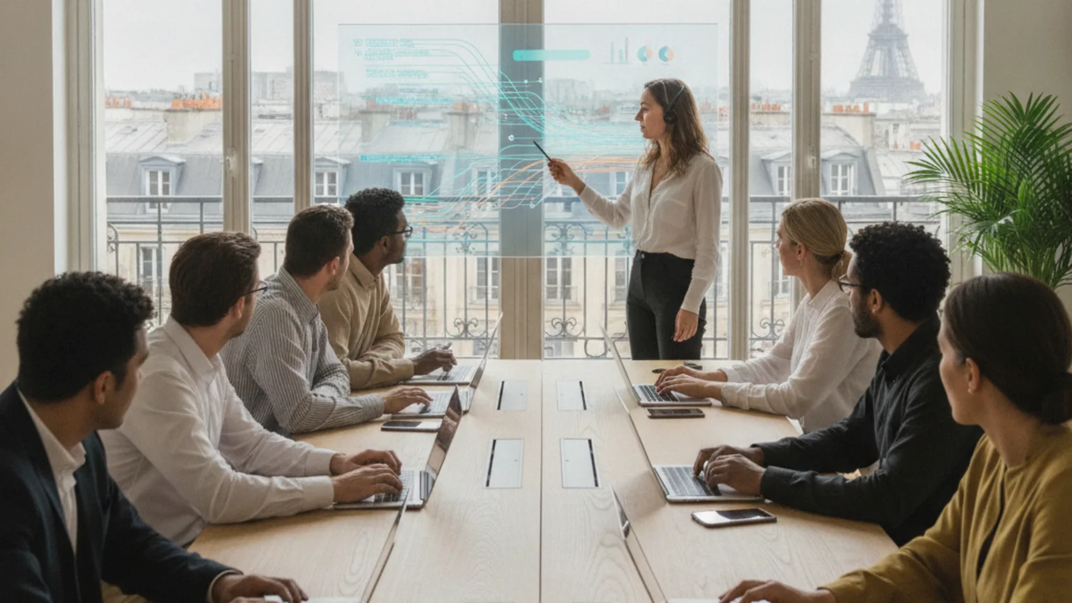 Salariés en atelier de formation autour d'une grande table avec ordinateurs portables, une formatrice présentant des schémas de flux de données devant les toits de Paris