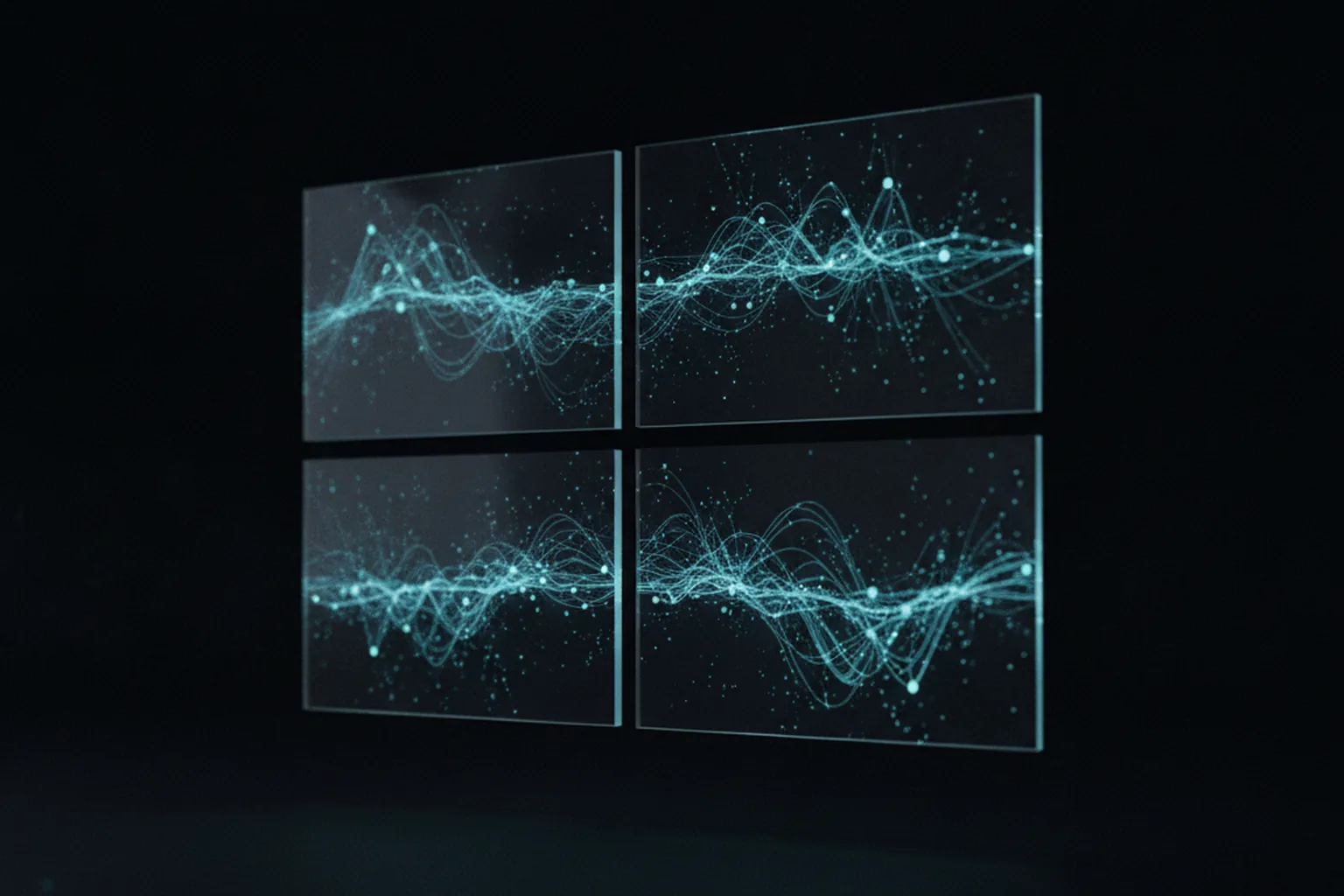 Four illuminated glass panels displaying glowing data network visualizations against a dark background, representing Forrester's four-tier AI market disruption framework