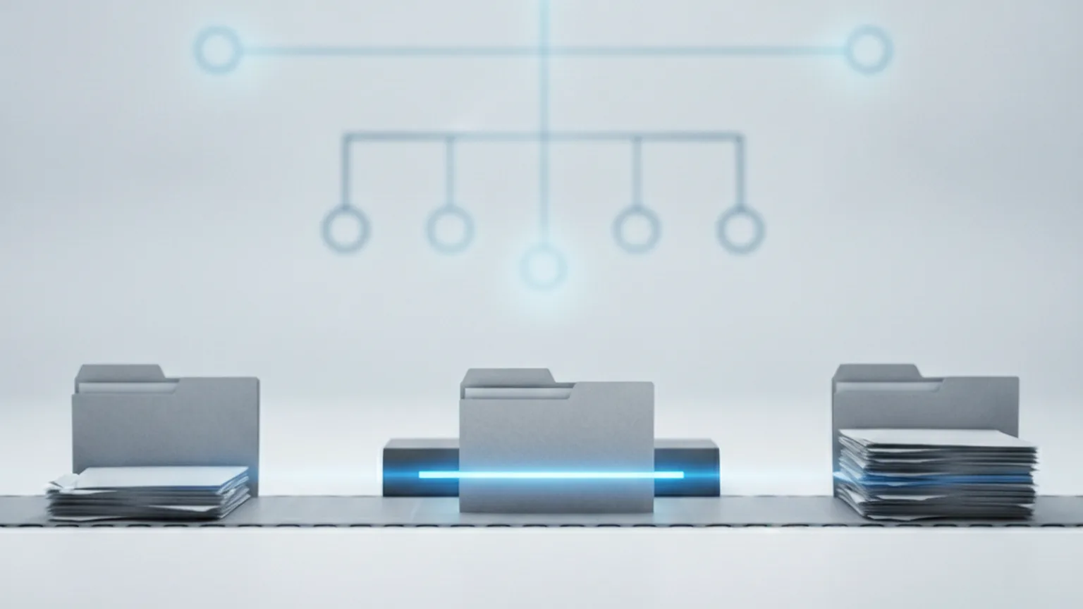 Dossiers gris posés sur un tapis roulant, traversés par un faisceau de scanner bleu qui les trie en deux piles, sous un schéma d'arbre de décision, illustrant un système de profilage algorithmique automatisé
