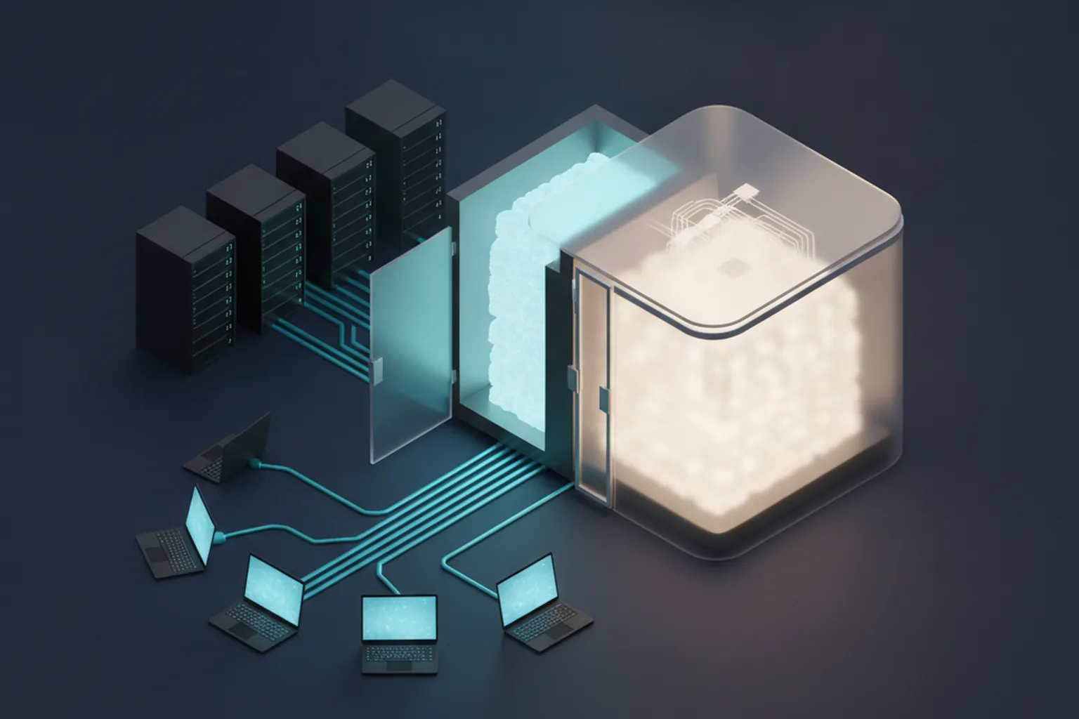 Isometric illustration of an AI core split into two chambers: an open one wired to server racks and developer laptops, and a brighter one sealed behind a frosted glass gate