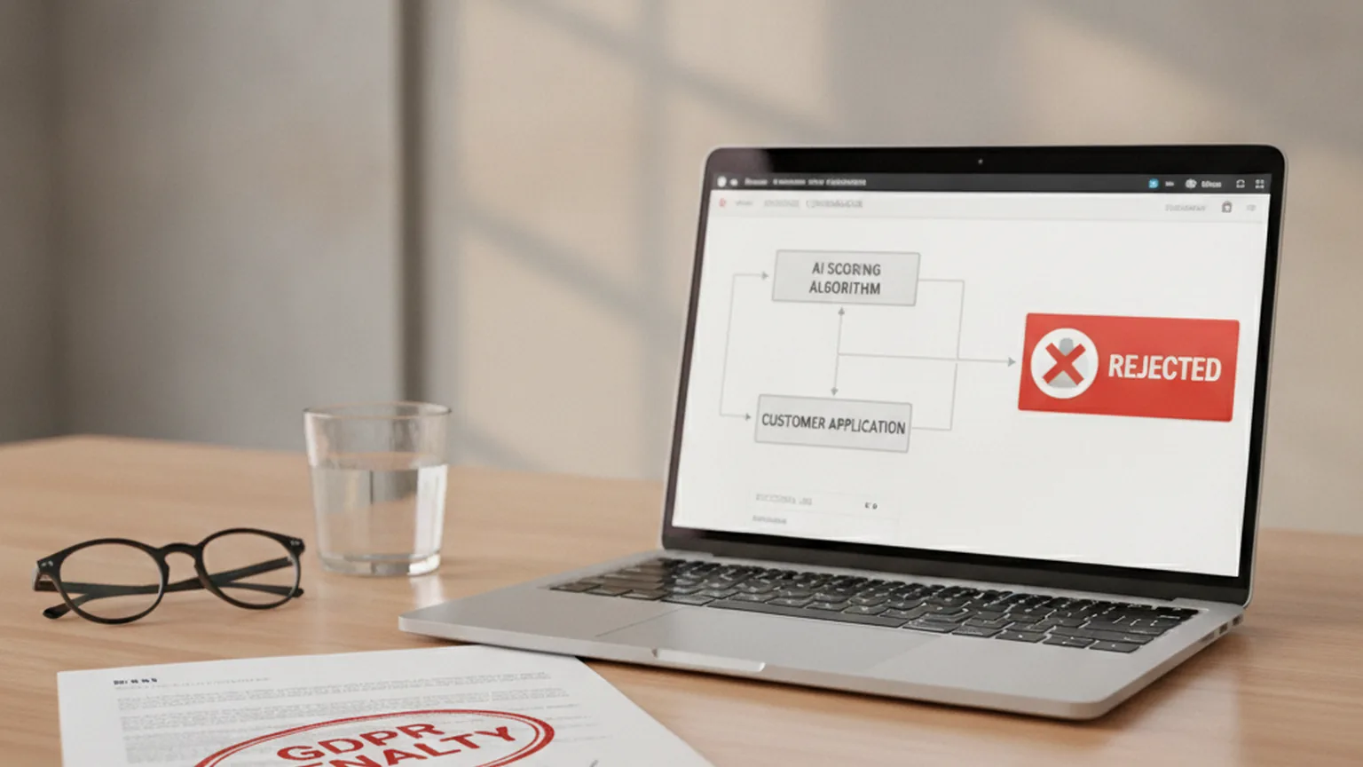 Schermata di un algoritmo di scoring AI con esito REJECTED accanto a un documento con timbro GDPR Penalty, a rappresentare le sanzioni del Garante Privacy italiano sui sistemi automatici di valutazione dei clienti