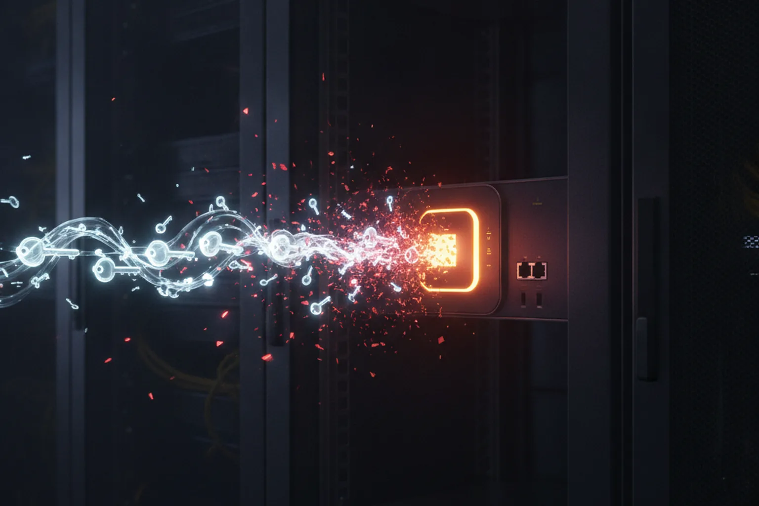 A gateway appliance in a dark server rack glowing amber as a stream of luminous key-shaped light particles flows into it and shatters into red sparks