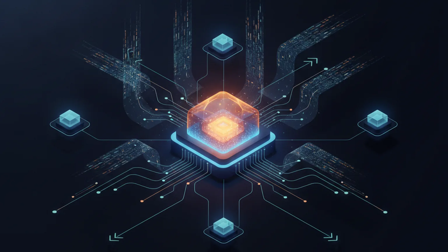 Isometric illustration of a compact glowing AI model core emitting streams of code to several small autonomous agent nodes over thin amber and blue data lines, on a deep navy background
