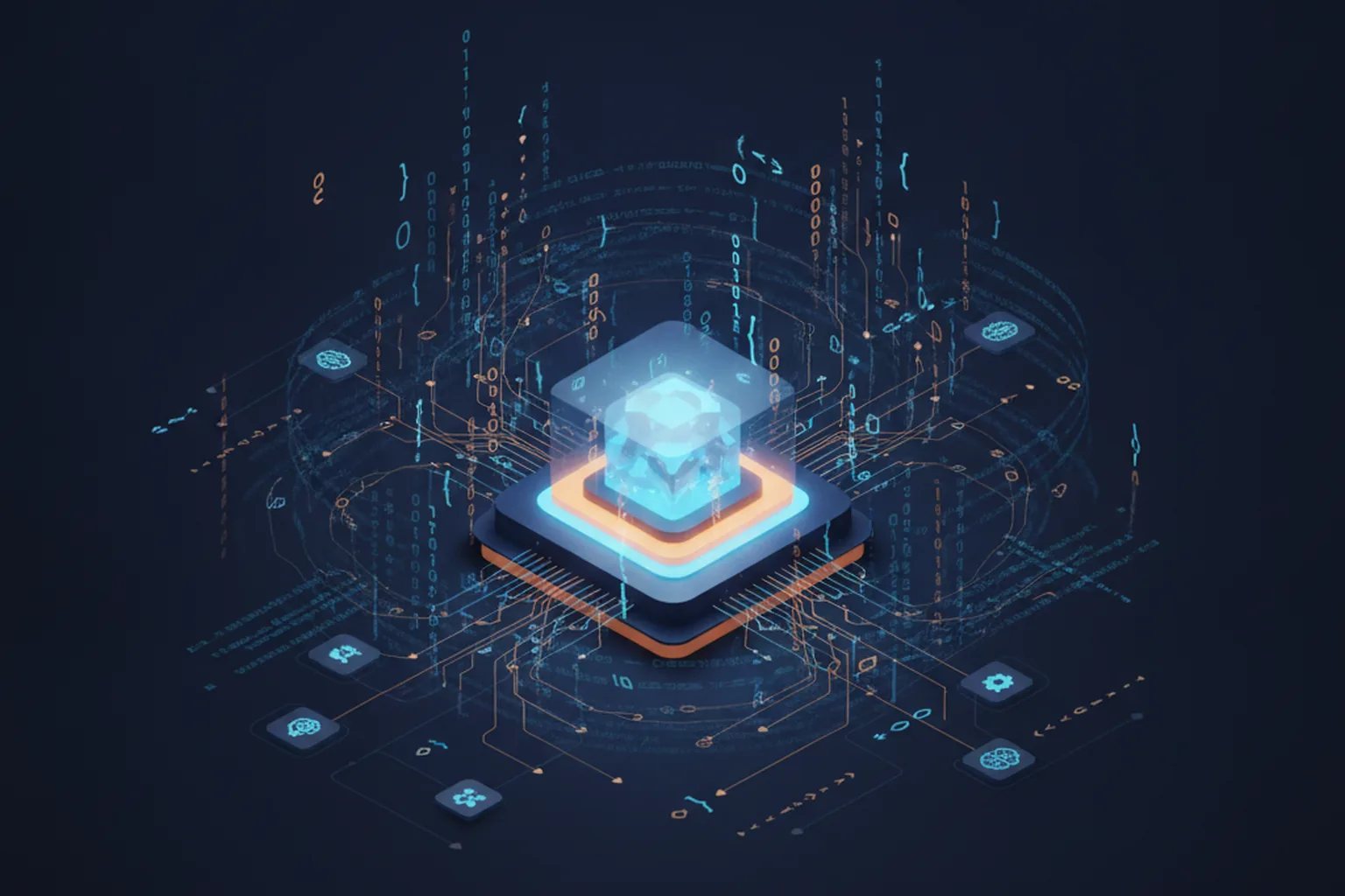 Isometric illustration of a glowing AI model core emitting streams of code symbols and agent task nodes connected by amber and blue data lines, deep navy background