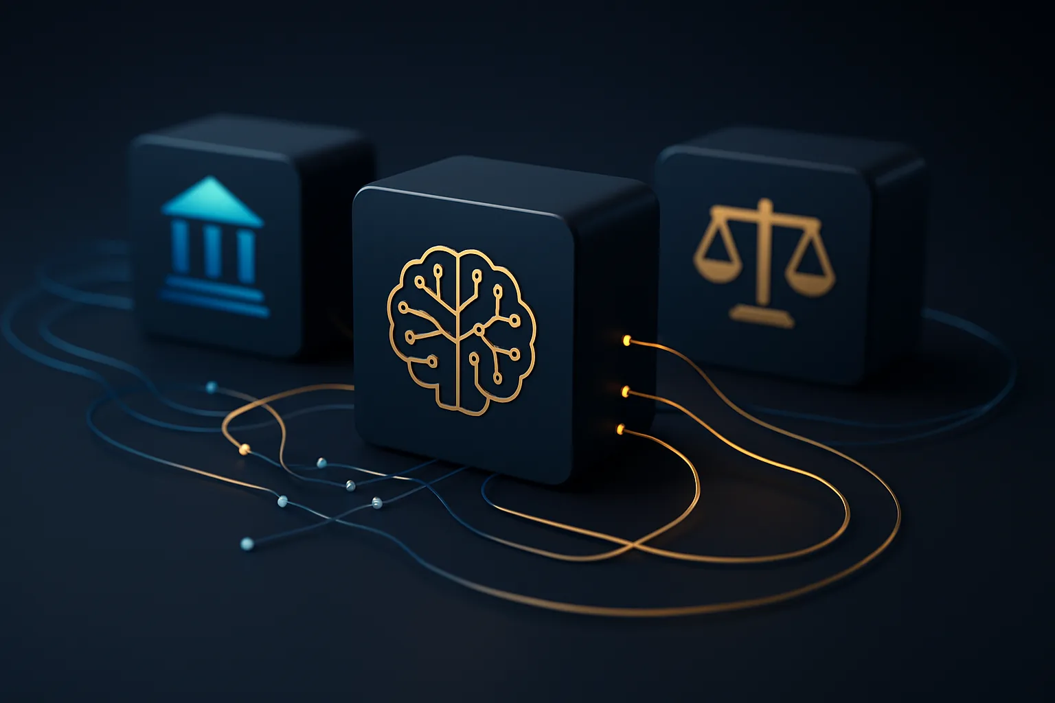 Abstract dark navy visualization of AI connecting banking and legal sectors through gold circuit lines, representing sector-specific enterprise AI platforms
