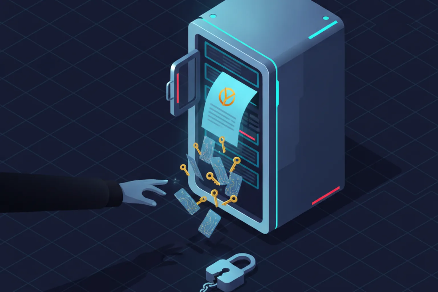 Isometric illustration of a self-hosted repository server with its hatch open, a confidential document and golden key tokens leaking out toward a shadowy hooded hand, a broken padlock in front, on a dark blue grid