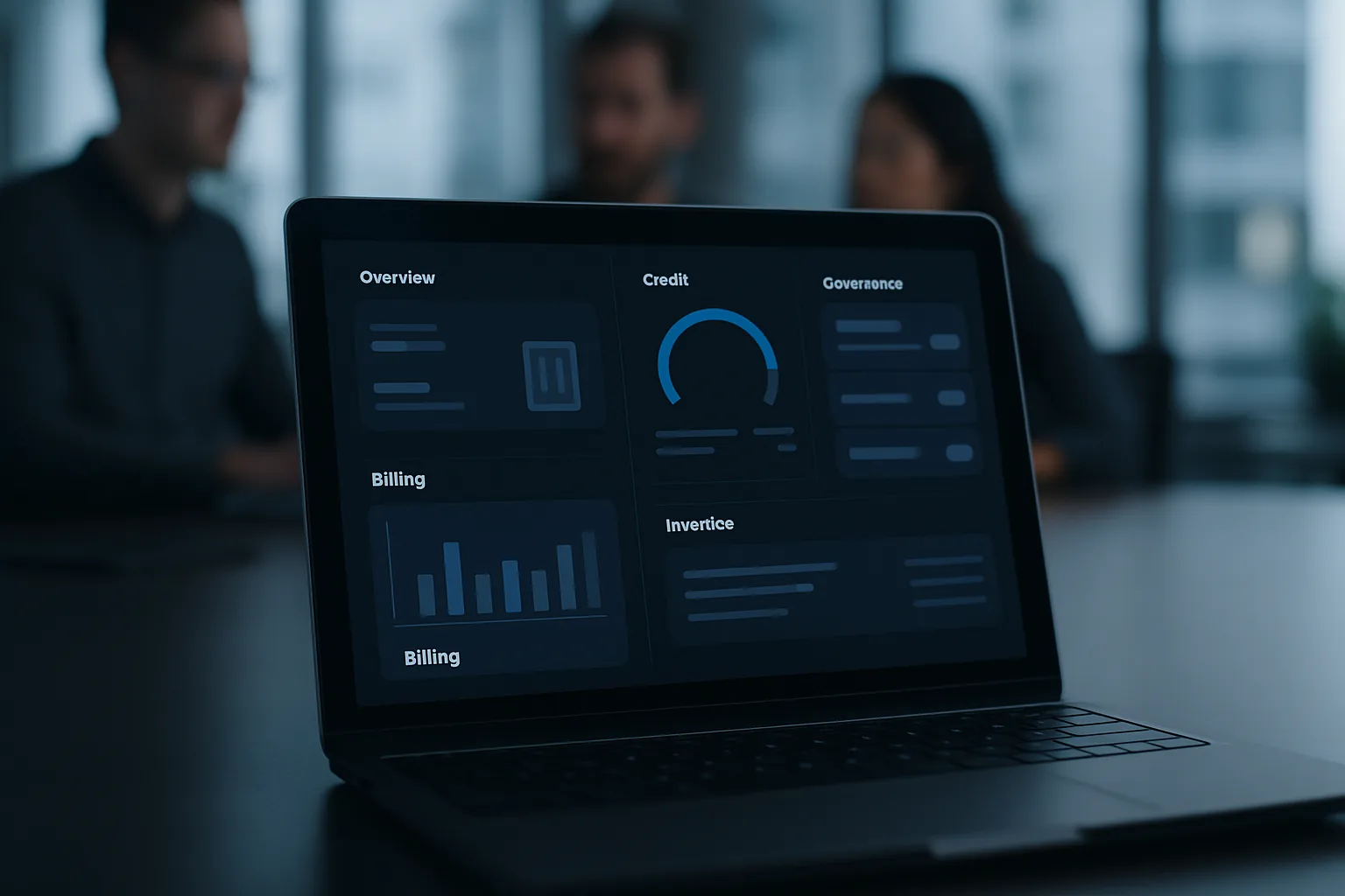 Enterprise software billing dashboard showing credit meters and governance controls on a laptop screen, representing GitHub Copilot's September 2026 billing reset
