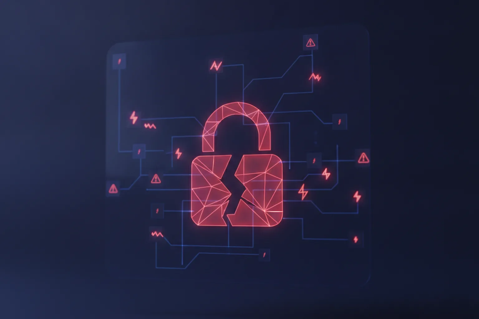 Abstract dark security illustration showing a broken padlock over a GraphQL schema diagram with red warning indicators and glowing network nodes on a deep navy background