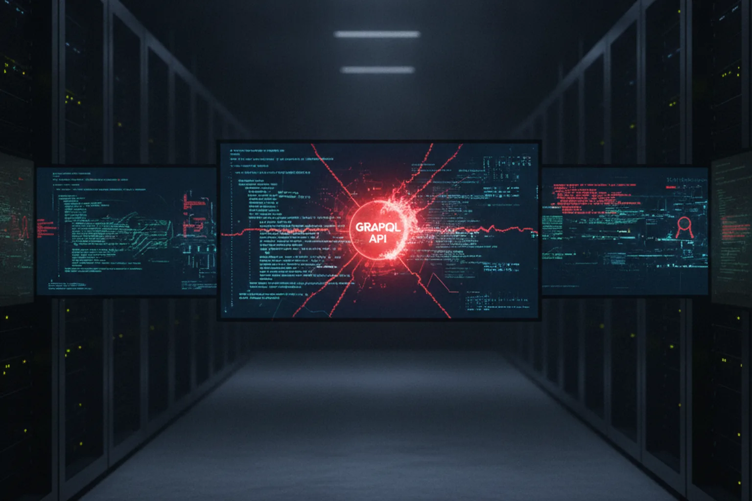 Dark server room with three screens displaying red attack-pattern overlays on a GraphQL API node, representing an unauthenticated code-injection breach on enterprise infrastructure