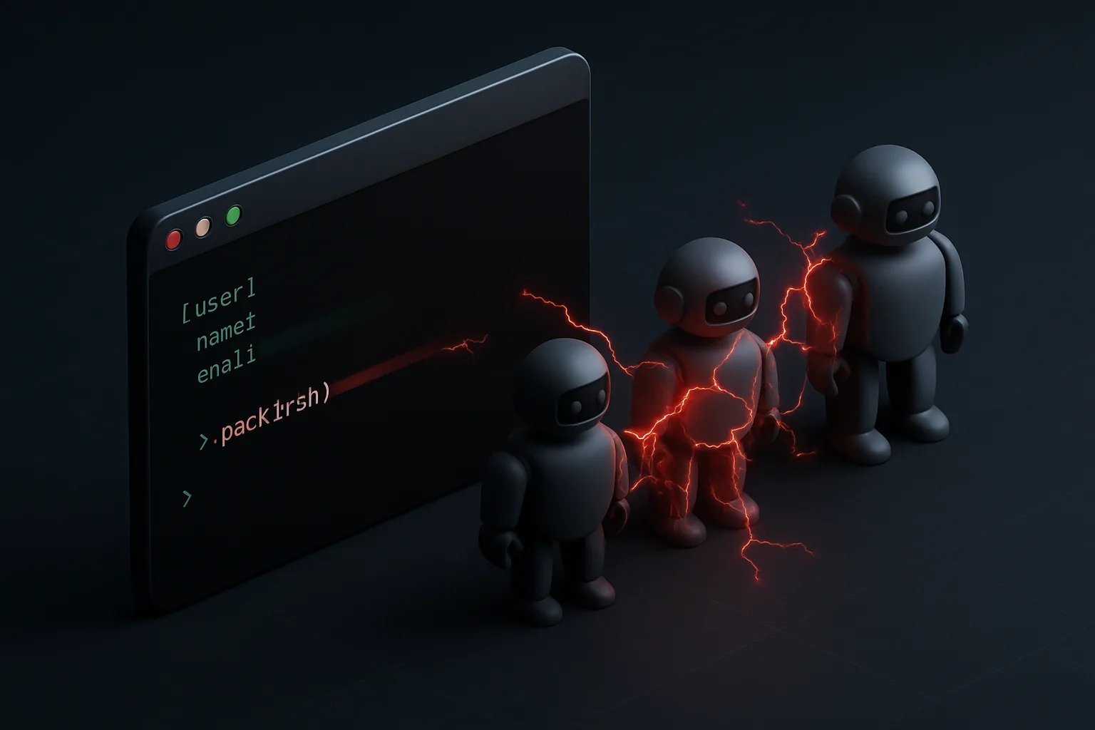 Isometric dark illustration of a terminal showing a git config file with a malicious entry, three AI robot figures being struck by red electrical discharges on a navy background