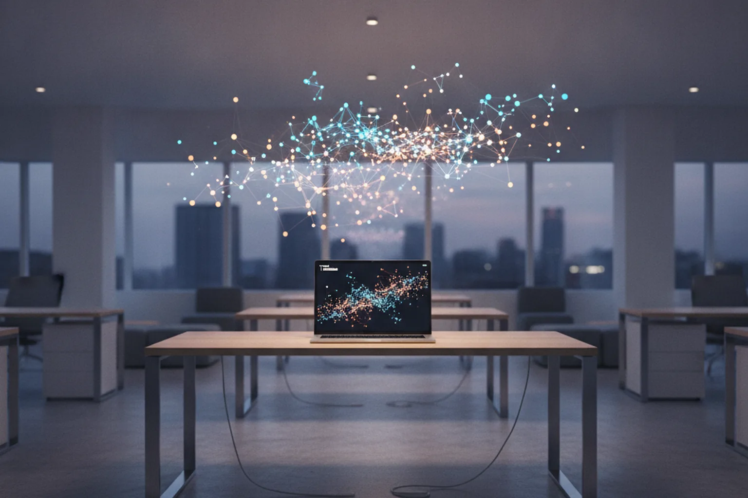 A laptop on an empty office desk at dusk under a floating network of glowing connected dots