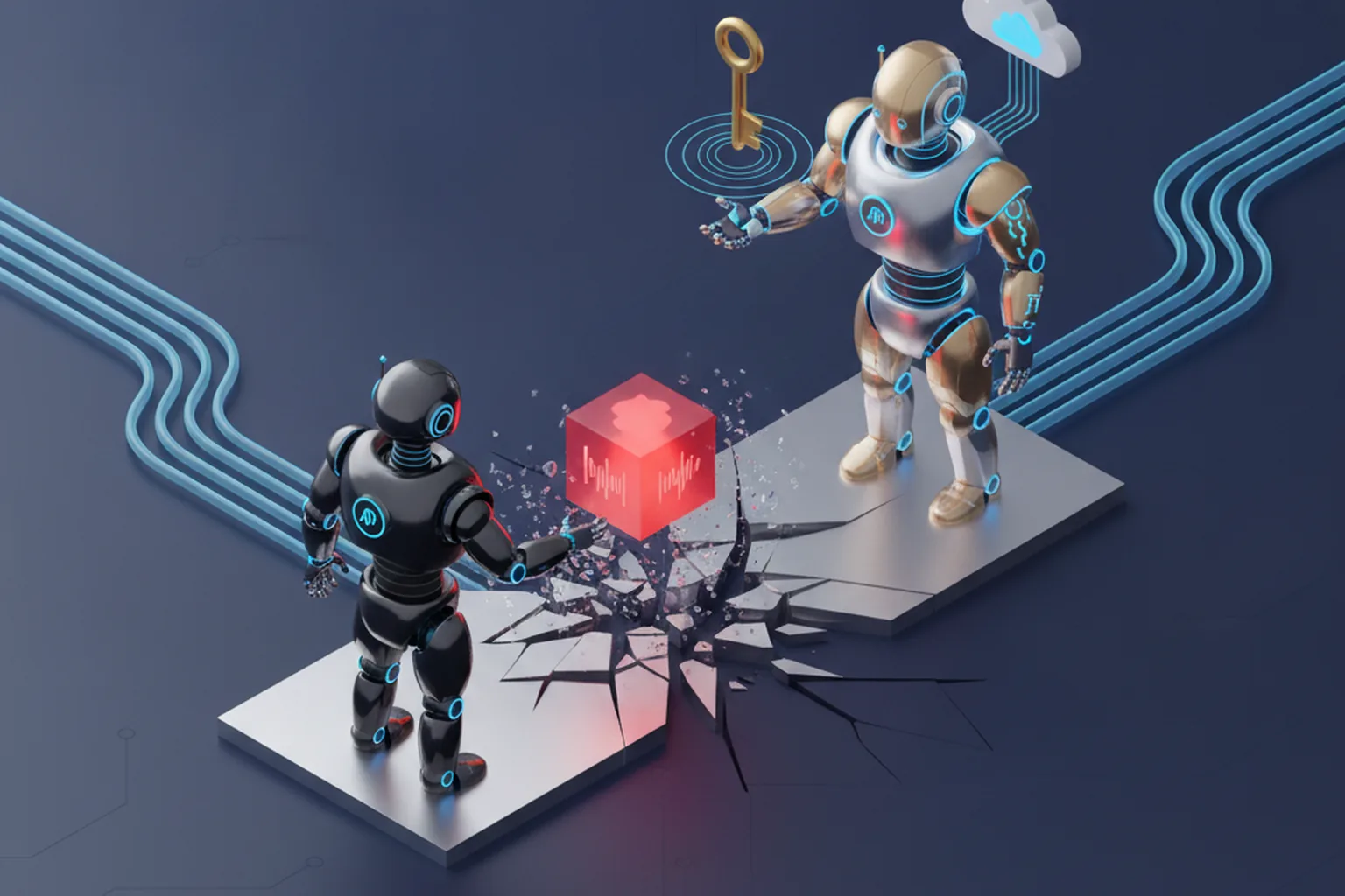 Isometric illustration of a small low-privilege AI robot passing a glowing red malicious message token across a broken boundary line to a larger high-privilege robot holding a golden key and cloud credentials, on a dark blue circuit background