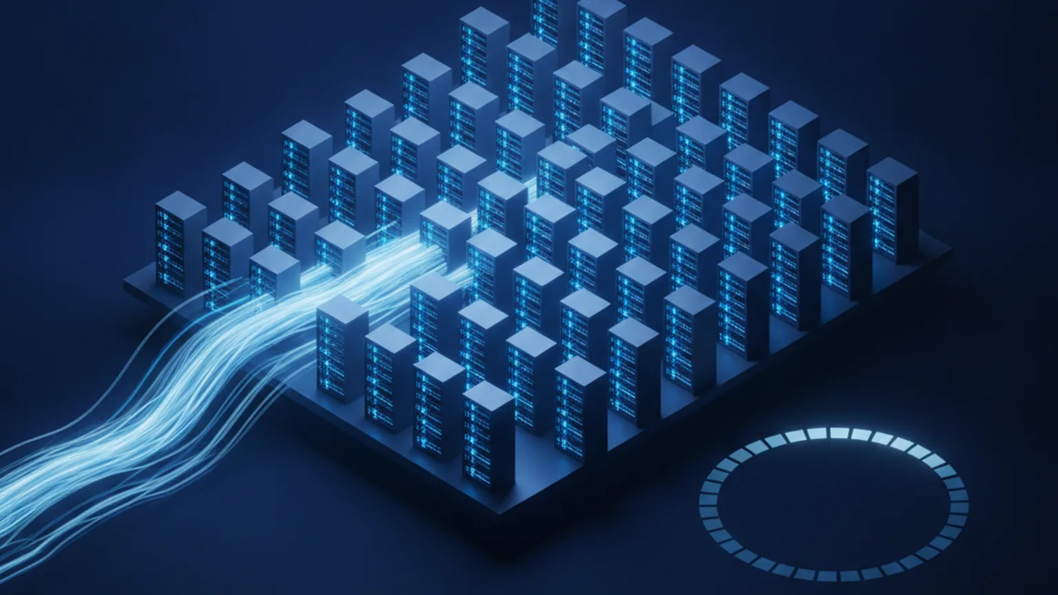 Isometric illustration of a large grid of glowing blue server racks at full capacity with bright streams of light flowing in from the left and a nearly-full circular gauge glowing on the right, on a deep navy background