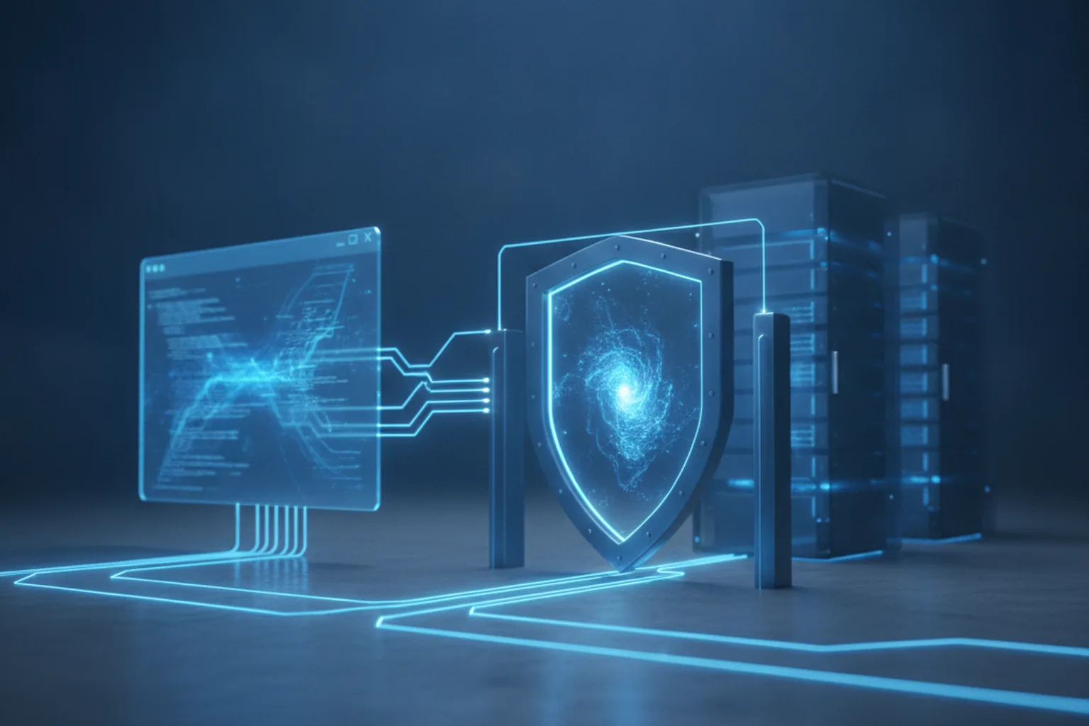 A developer terminal window connected by glowing conduits through a shield-shaped guardrail gate to rows of cloud server racks in a dark data center
