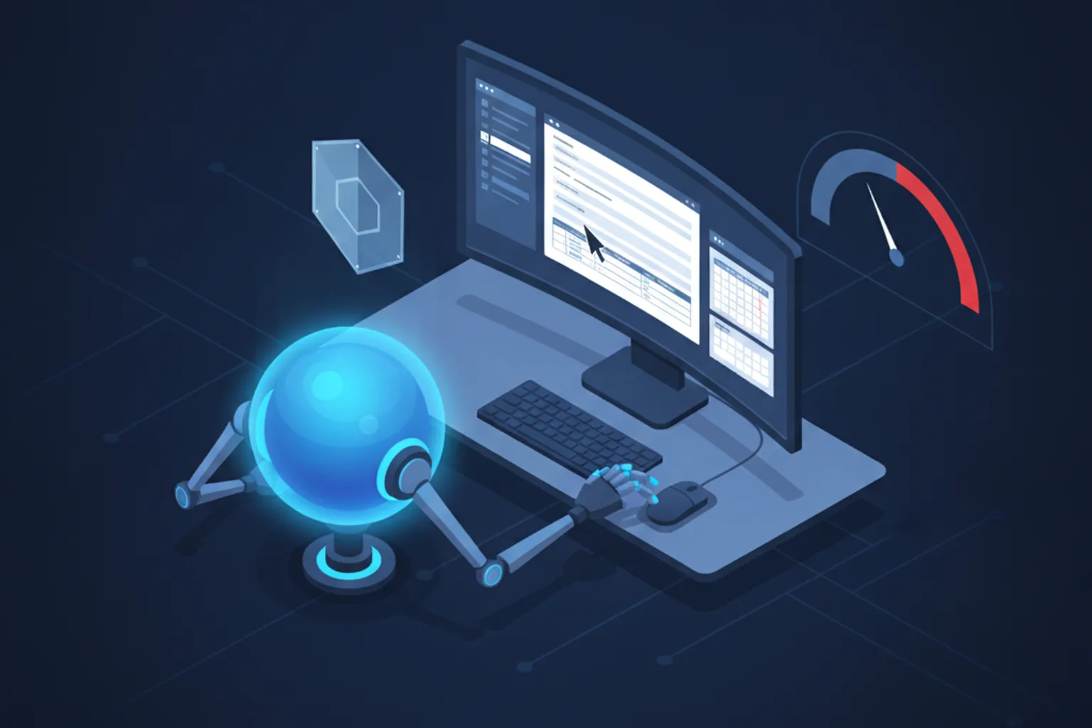 Isometric illustration of an AI agent orb operating a computer showing forms, records and a calendar, next to a security shield and a risk gauge pointing to a red critical zone