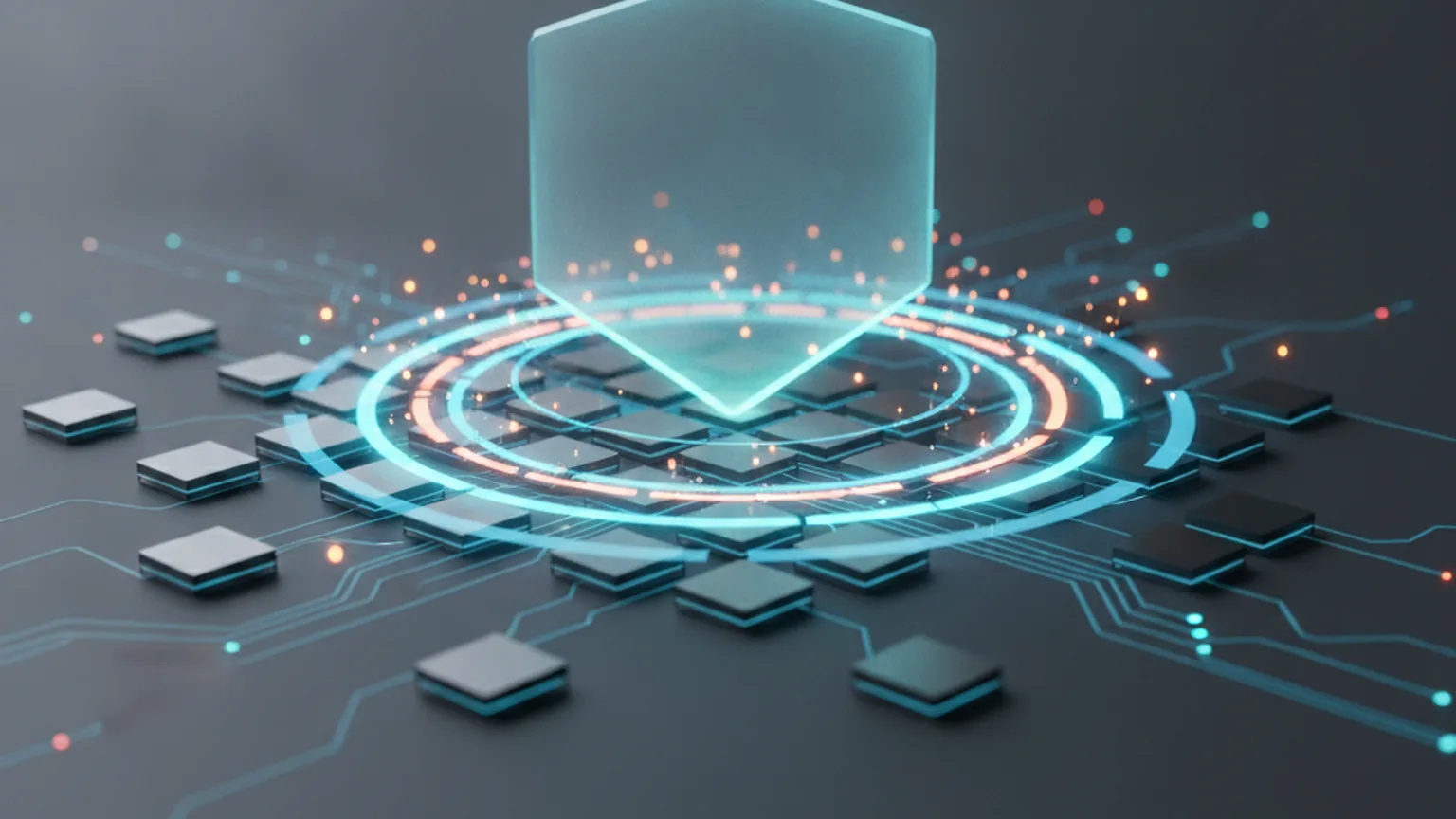 Illustration d'un bouclier lumineux au-dessus d'un réseau de nœuds serveurs, avec des points d'alerte triés et hiérarchisés en cercles concentriques, symbolisant la remédiation automatisée des vulnérabilités
