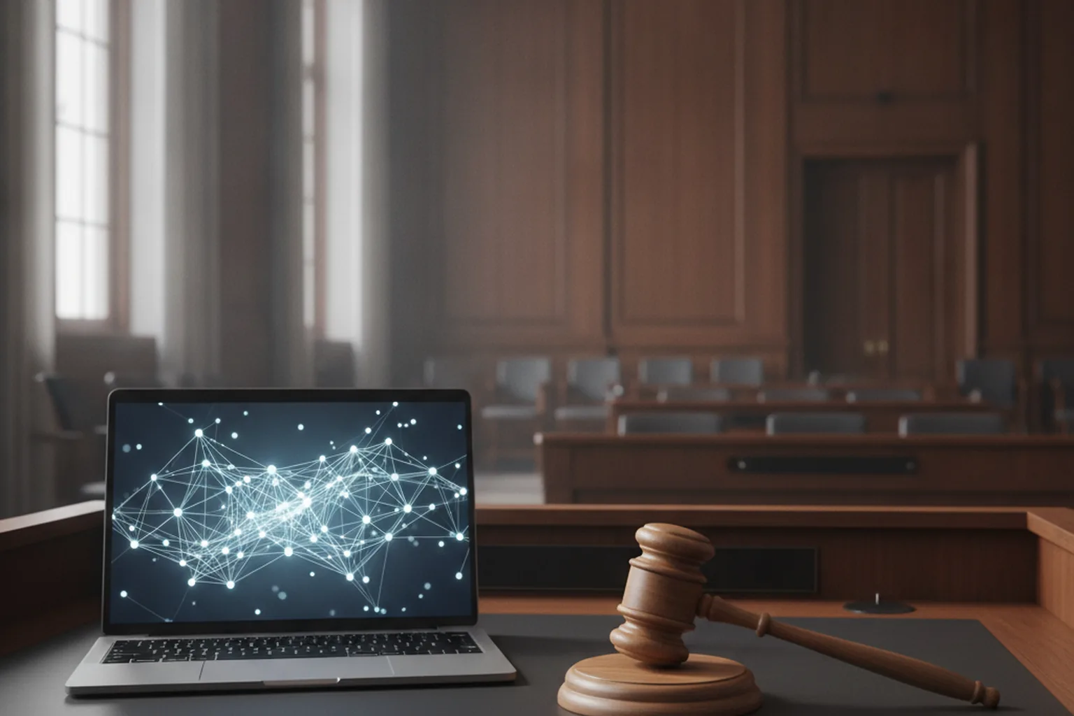 An empty wood-paneled hearing room with a wooden gavel on a desk beside an open laptop showing a glowing network of connected nodes