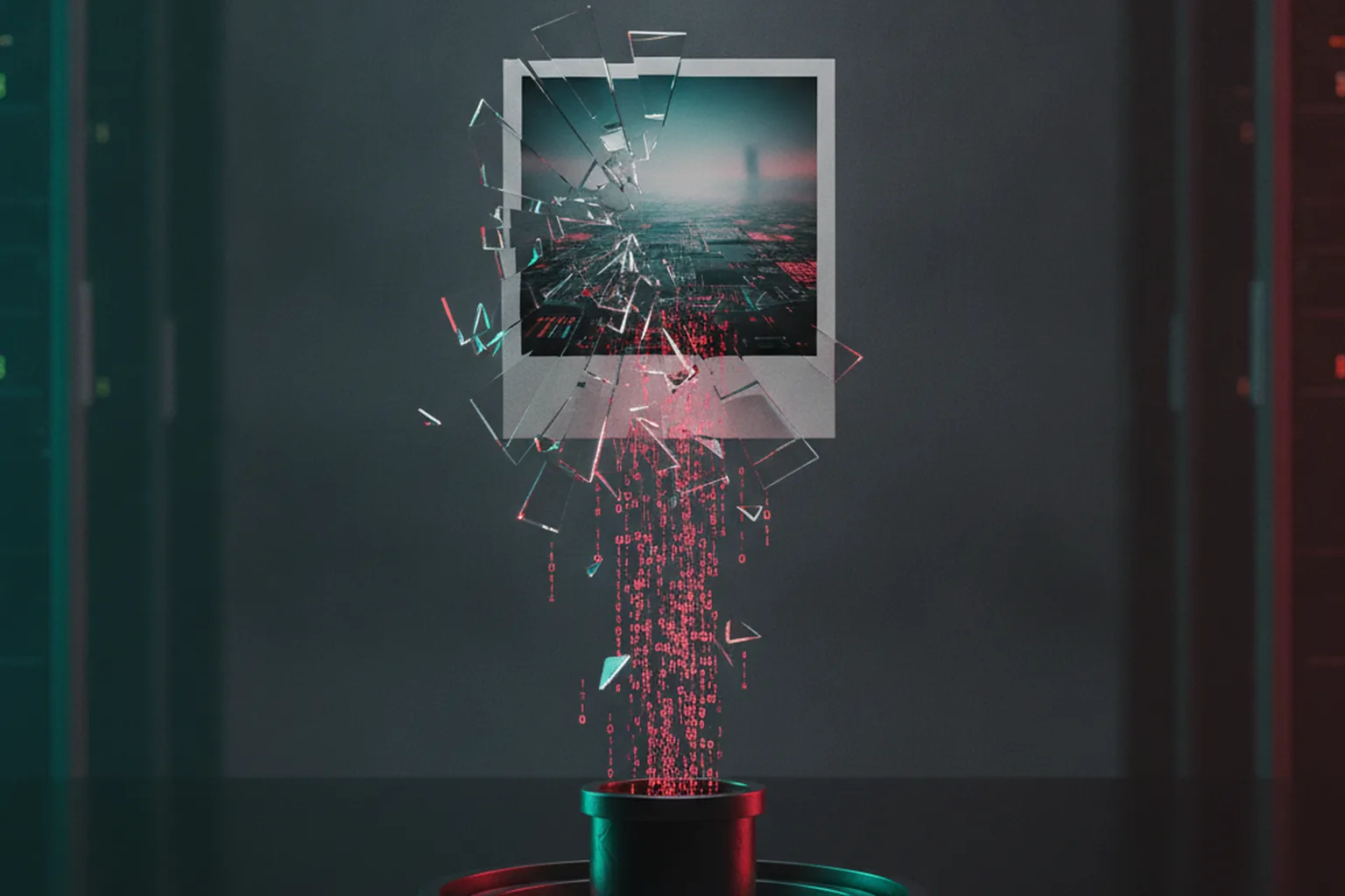 A single glitching photograph shattering into glass shards and streams of red binary code pouring down into a dark server-room data pipeline, illustrating a malicious image file triggering remote code execution
