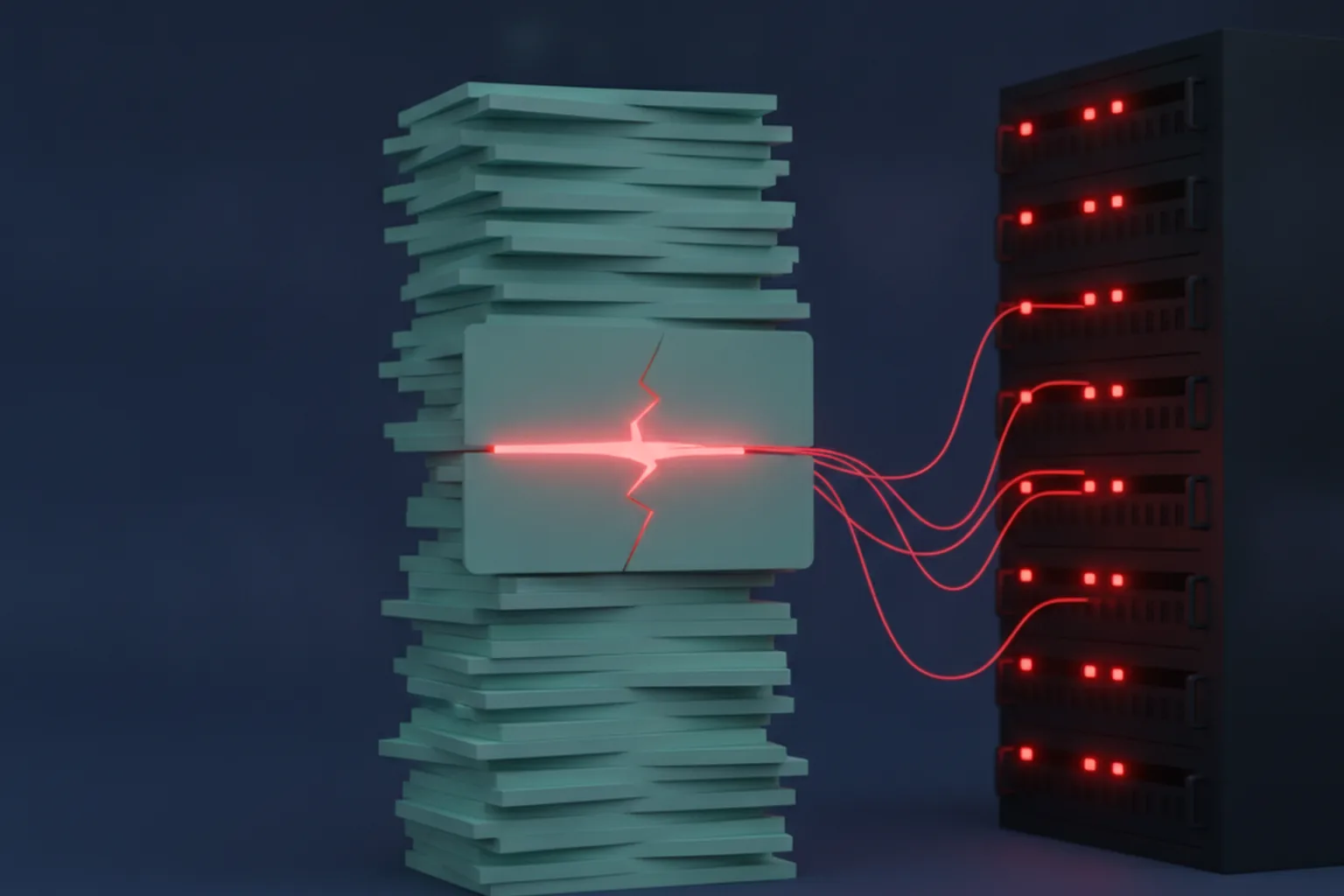 A tall stack of teal support-ticket cards with one card cracked open by red light, red threads running from the crack into a server rack with glowing red status lights, representing a helpdesk compromise escalating to the server