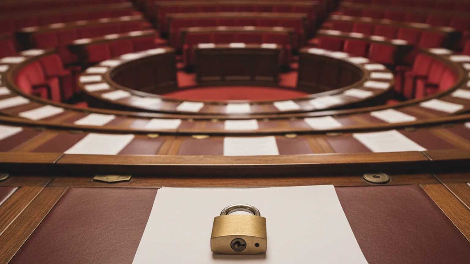 Cadenas en laiton posé sur une feuille blanche au premier plan d&rsquo;un hémicycle parlementaire vide aux sièges rouges, symbole d&rsquo;une loi de cybersécurité en attente