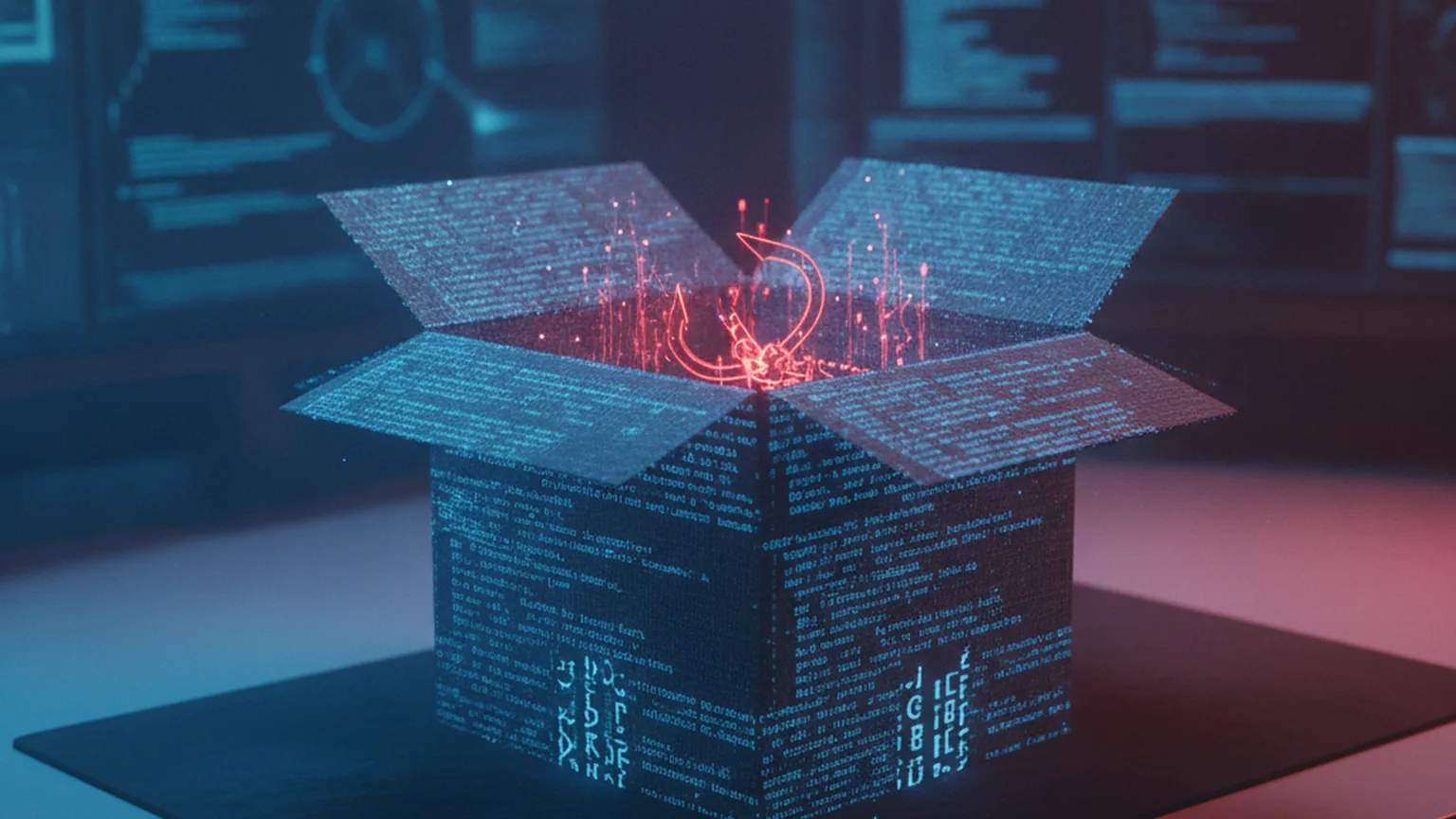 An open shipping parcel made of glowing source code with a hidden red malicious hook and circuitry concealed inside, illustrating a trojanized software package on a developer desk