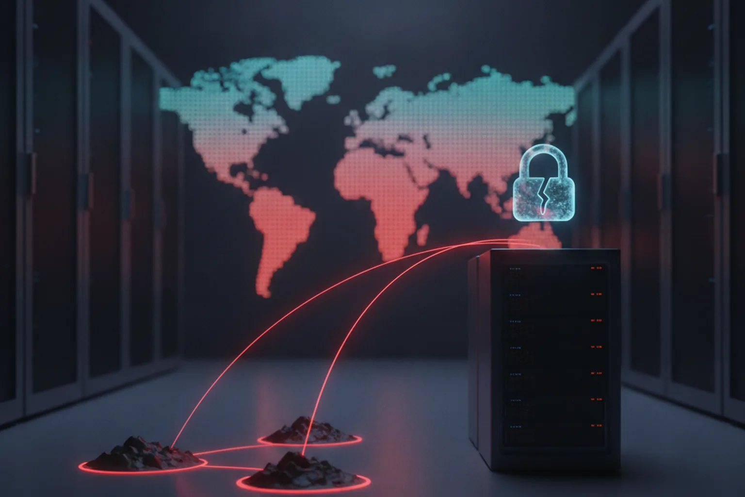 Dark server room with a world map on the wall, red light trails rerouted from three small islands to a separate server rack under a cracked padlock