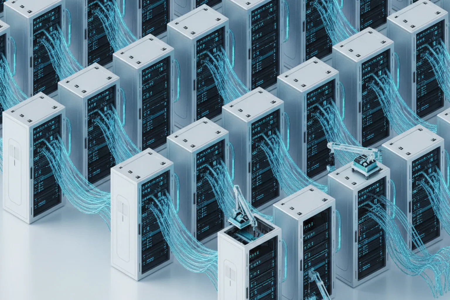 Isometric illustration of AI data-center server racks linked by glowing fiber-optic cables, with some racks still under construction to suggest constrained capacity