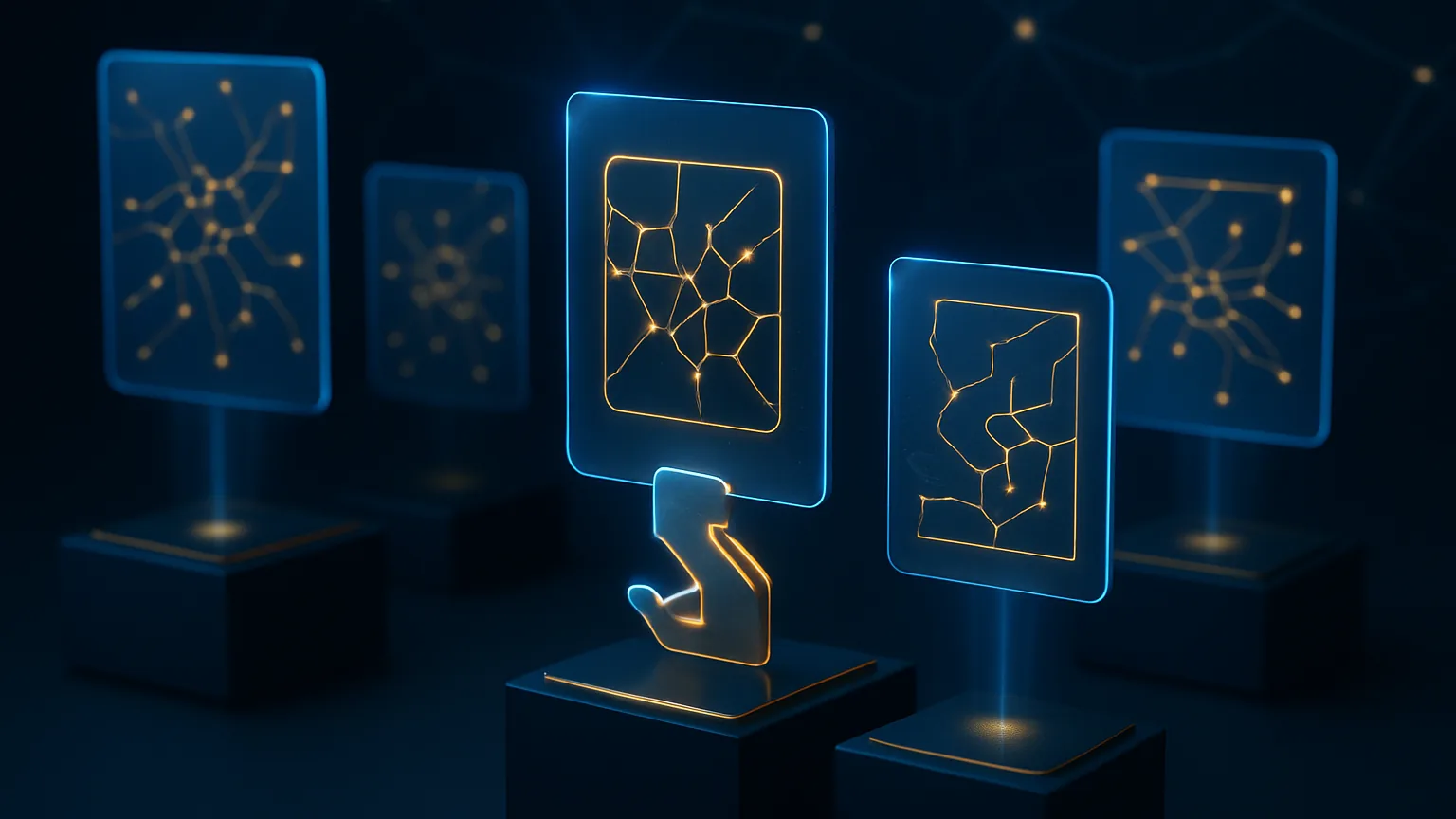 Visualisation abstraite d'un marché de modèles IA avec des cartes holographiques flottantes échangées entre entités, palette bleu et or sur fond sombre, évoquant une acquisition technologique